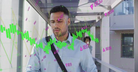 Casual Businessman Analyzing Stock Market Data Overlay