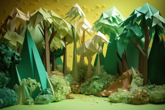 Paper forest made from vibrant origami trees forming lush scenery. Perfect for nature-inspired art projects, creative design visuals, educational material on crafts, and decorating craft books or art blogs.