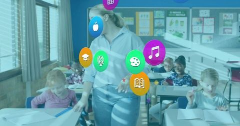 Teacher guiding elementary students with digital learning icons overlay