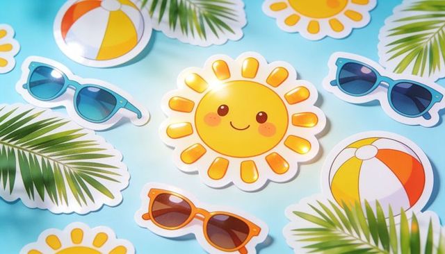 Smiling sun sticker flatlay with sunglasses, beach balls and palm leaves on blue