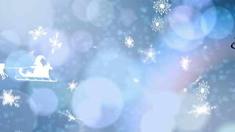 Santa Claus Sleigh with Reindeer on Blue Snowy Background