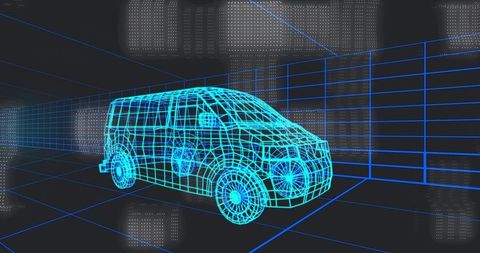 Neon Wireframe Van Showing 3D Mesh in Cyan and Blue Perspective Grid