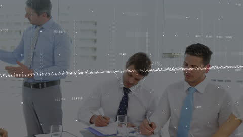 Business Meeting with Financial Data Overlay Visualization