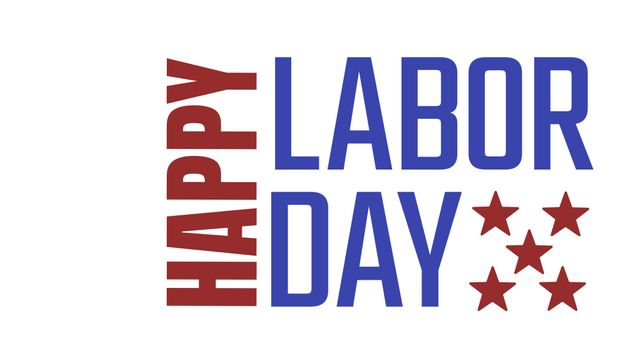 Illustration of happy labor day text with star shapes on white background, copy space. Vector, federal holiday, honor, recognition, american labor movement, celebration, appreciation of works.