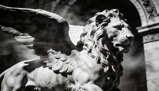 Majestic marble winged lion sculpture with flowing mane, dramatic lighting and stone arch