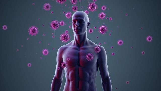 Digital human figure surrounded by virus particles visualization