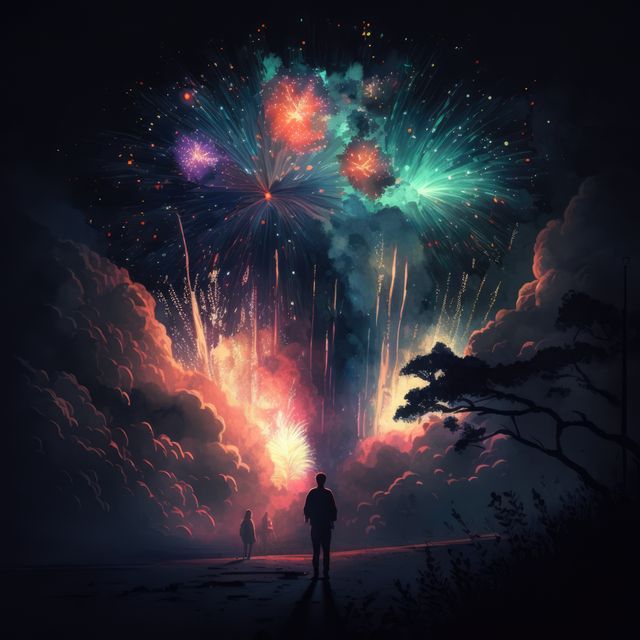 Multi coloured fireworks exploding over clouds, created using generative ai technology. New year's eve and celebration concept digitally generated image.