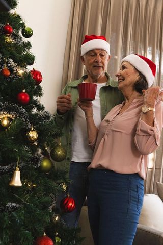 Senior Couple Embracing Holiday Season Next to Christmas Tree