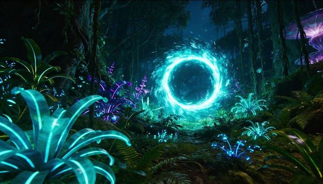 Glowing cyan portal emitting light on bioluminescent night forest path with neon mushrooms