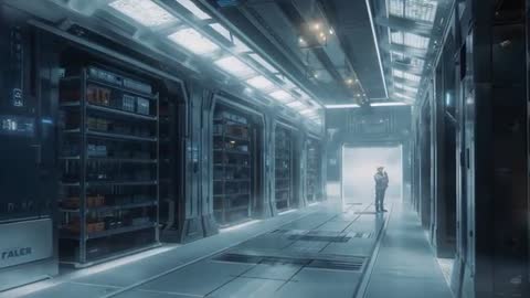 Crewman Standing at Airlock in Futuristic Cargo Corridor with Shelving, Crates and Racks