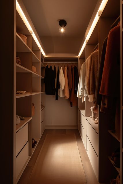 Modern light walk in wardrobe, created using generative ai technology. Interior design, home decor and clothes storage concept digitally generated image.