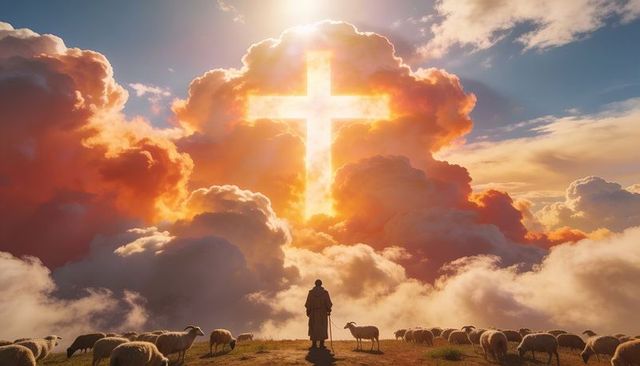 Shepherd watching glowing cross forming in sunrise clouds, flock grazing on hilltop