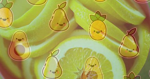 Whimsical fruit illustrations over fresh lemon slices