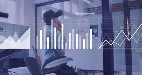 Businesswoman Using VR Headset with Digital Data Analytics