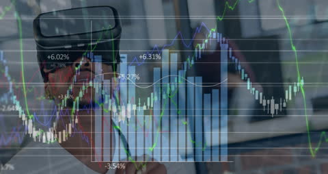 Man in VR Headset Surrounded by Financial Data Visualization
