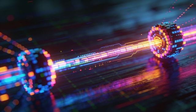 Neon data beam connecting pixelated circuit nodes with glowing spectrum traces