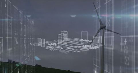 Digital Metaverse City Overlay on Wind Farm Landscape
