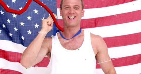 Smiling man holding gold medal at mouth by american flag with red downturn graph overlay