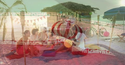 Friends enjoying sunset beach picnic with lanterns, tiki hut and coastal party vibes