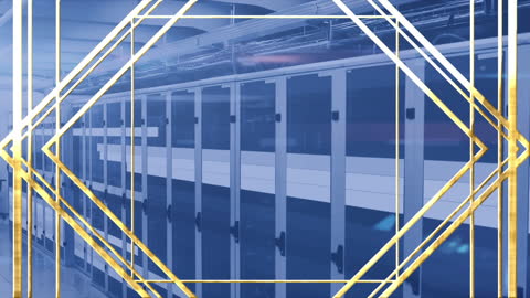 Digital Data Server Room with Gold Geometric Design Overlay
