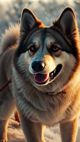 Gazing Sled Dog Shifting Gaze Toward Camera on Snow Preparing to Pull Sled