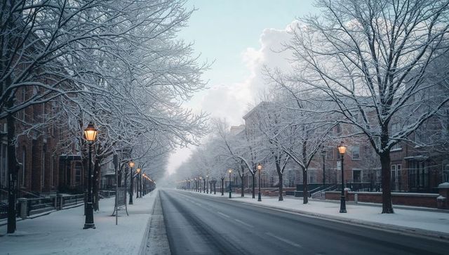 Snow-dusted urban avenue featuring lit lampposts and brick rowhouses at dawn