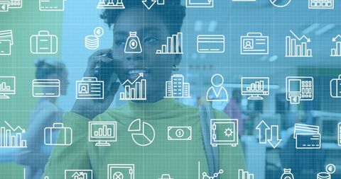 Financial Icons and Businesswoman in Modern Office Setting