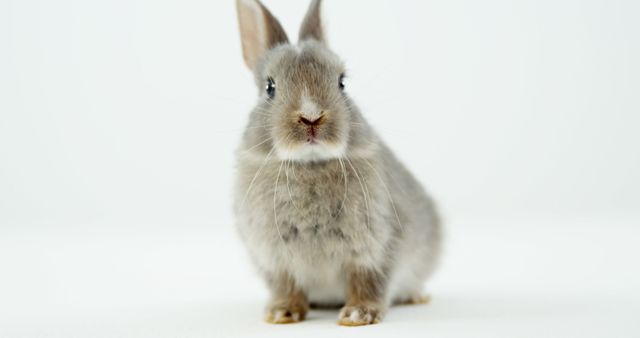 This adorable gray bunny is standing on a white background, showcasing its fluffy fur and cute features. Perfect for websites, marketing materials, or social media promoting pet care, animal welfare, or depicting innocence and comfort. Great for use in projects appealing to children or pet lovers.
