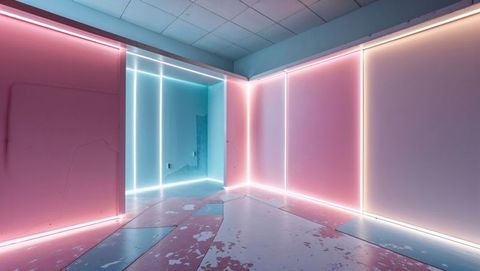 Neon-lit gallery corner with modern geometric design