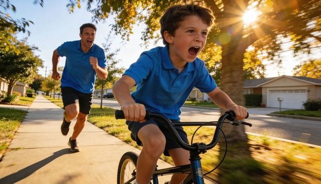 Father chasing son riding bicycle on suburban sidewalk at golden hour
