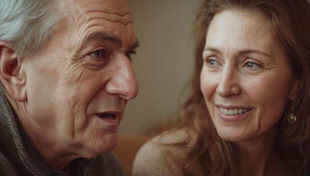 Senior man and middle-aged woman sharing warm conversation, smiling closeup companionship