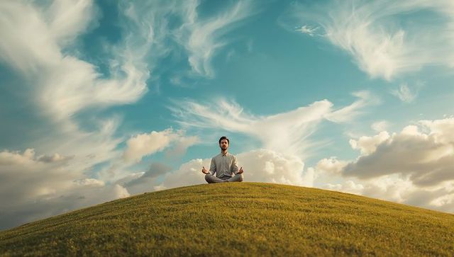 Tranquil Meditation on Grassy Hill with Dramatic Skies