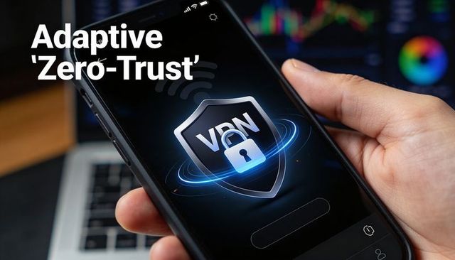 Hand holding smartphone displaying vpn shield and lock for adaptive zero-trust cybersecurity