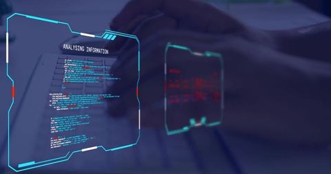 Female hands typing code on laptop with holographic data panels analyzing information