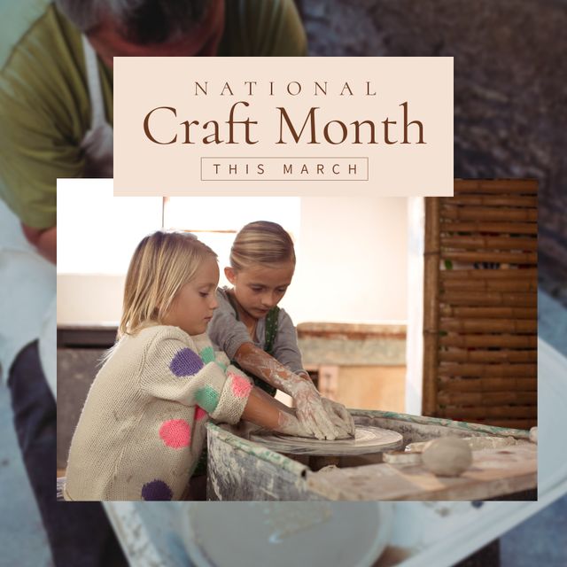 Composition of national craft month text over caucasian boy and girl potter in workshop. National craft month, craftsmanship and small business concept.
