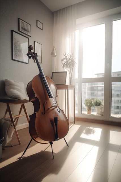 Bright, modern room with large window letting in sunlight. Cello stands by wooden window, suggesting music practice in cozy, contemporary apartment. Ideal for themes related to music, interior decor, relaxation, and modern living.