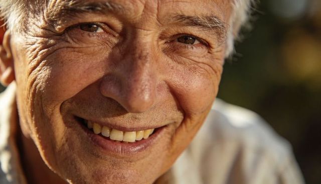 Close-up smiling senior man with sunlit wrinkles warm expression gray hair outdoor headshot