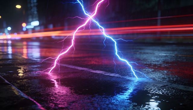 Crossing neon lightning bolts striking wet city street at night with vivid puddle reflections