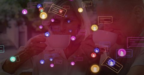 Senior couple sipping coffee outdoors with floating chat bubbles for social connection