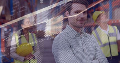 Leading smart warehouse team with digital analytics overlay, supervisor crossing arms