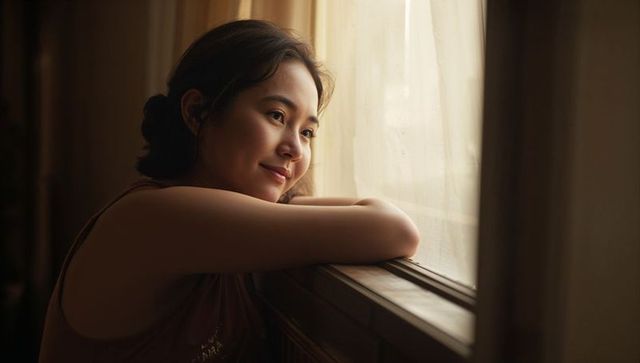 Leaning woman gazing through sheer curtain at sunlit window, warm contemplative moment