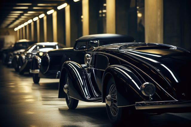 Vintage cars line up in an elegant showroom. Collectors and enthusiasts appreciate the timeless beauty and history of these classic automobiles.