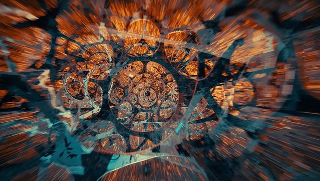 Futuristic metallic gears moving in mechanical space