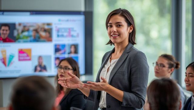 Confident businesswoman leading team meeting with presentation screen