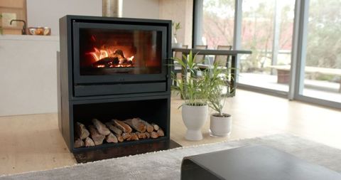 Cozy Minimalist Living Room with Modern Wood-Burning Stove