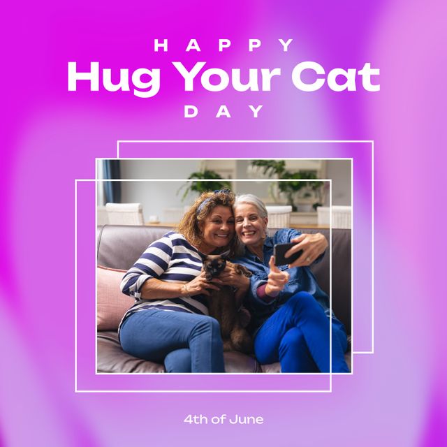 Composition of happy hug your cat day text over diverse gay female couple holding pet cat. Hug your cat day and celebration concept digitally generated image.