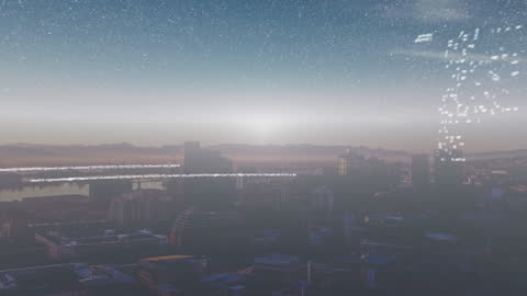 Futuristic Data Overlay on Urban Cityscape at Sunset