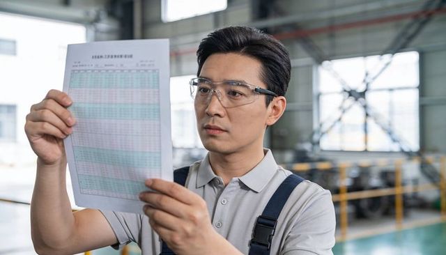 Factory technician inspecting data sheet for quality control while wearing safety glasses