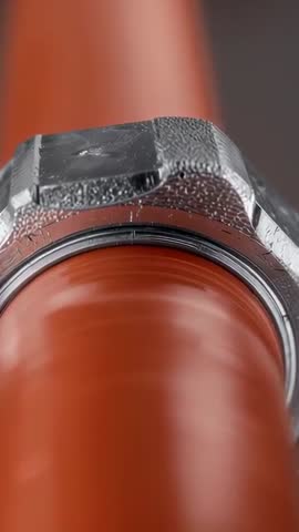 Rotating orange shaft under textured chrome hex nut macro vertical video