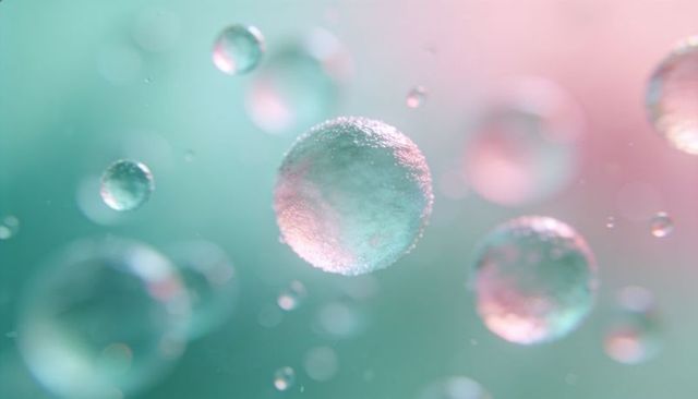 Floating frosted spheres reflecting teal and pink light, macro bokeh abstract 3d render